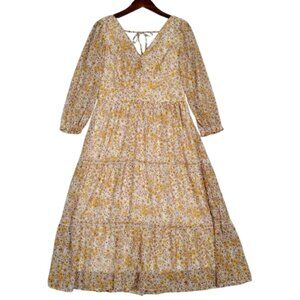 Sincerely Jules Dress Womens XL Yellow Floral Smocked Ruffle Long Sleeve Cottage